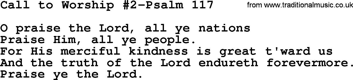 Hymns from the Psalms, Hymn: Call To Worship #2-Psalm 117, lyrics with PDF