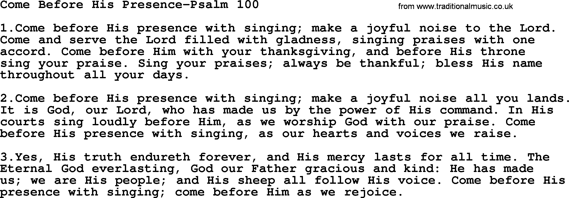 Hymns from the Psalms, Hymn: Come Before His Presence-Psalm 100, lyrics with PDF