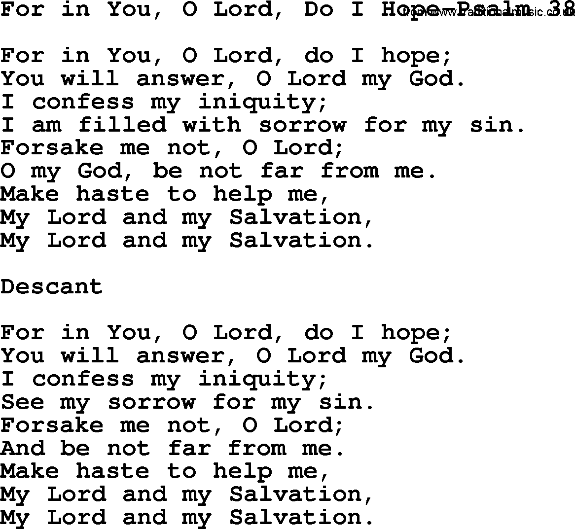 Hymns from the Psalms, Hymn: For In You, O Lord, Do I Hope-Psalm 38, lyrics with PDF
