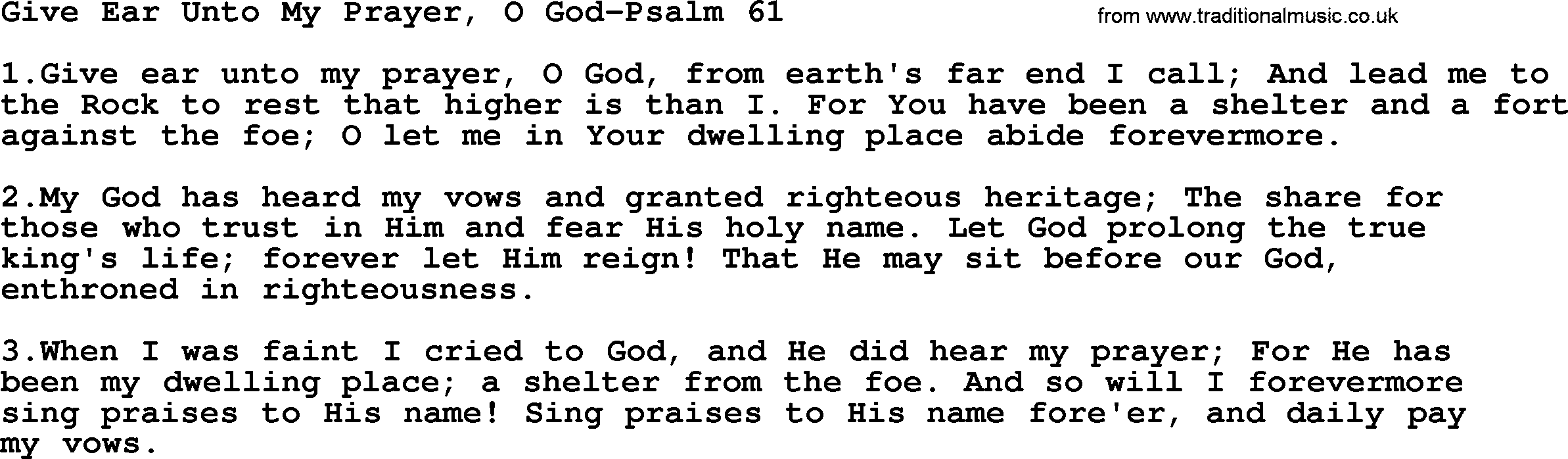 Hymns from the Psalms, Hymn: Give Ear Unto My Prayer, O God-Psalm 61, lyrics with PDF