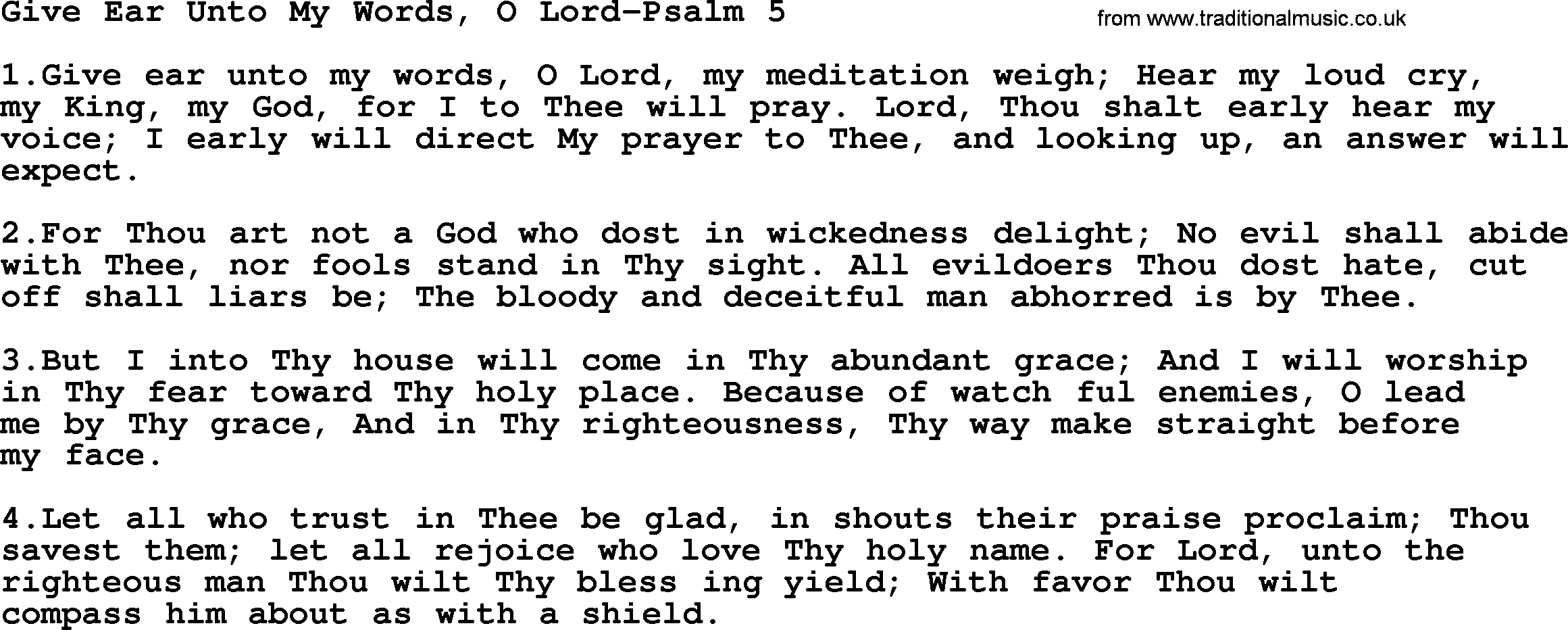 Hymns from the Psalms, Hymn: Give Ear Unto My Words, O Lord-Psalm 5, lyrics with PDF