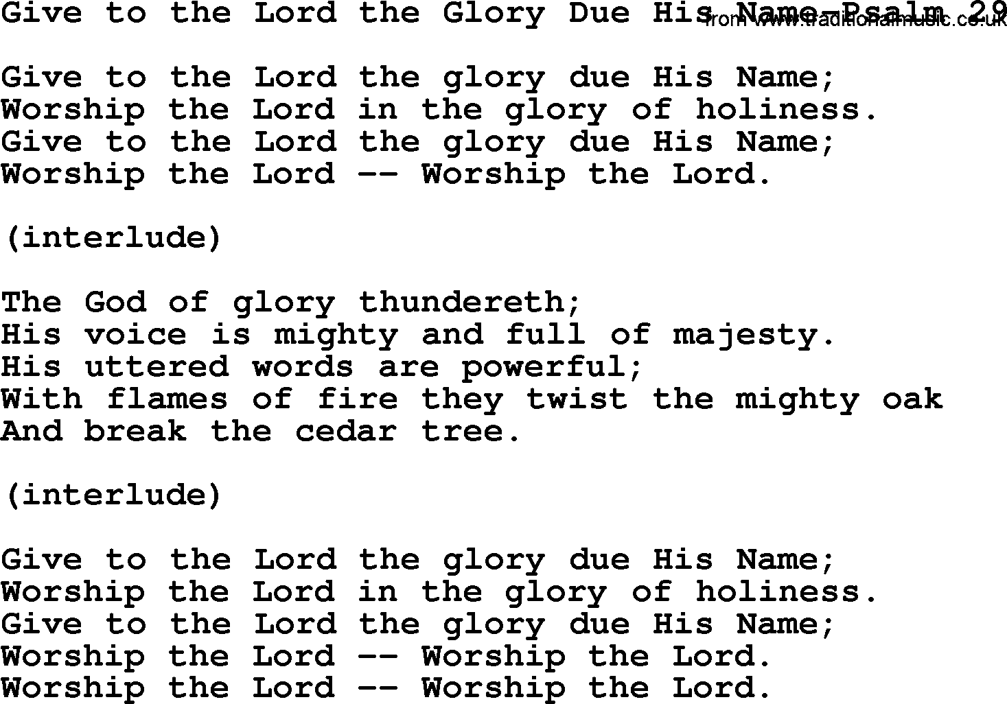 Hymns from the Psalms, Hymn: Give To The Lord The Glory Due His Name-Psalm 29, lyrics with PDF