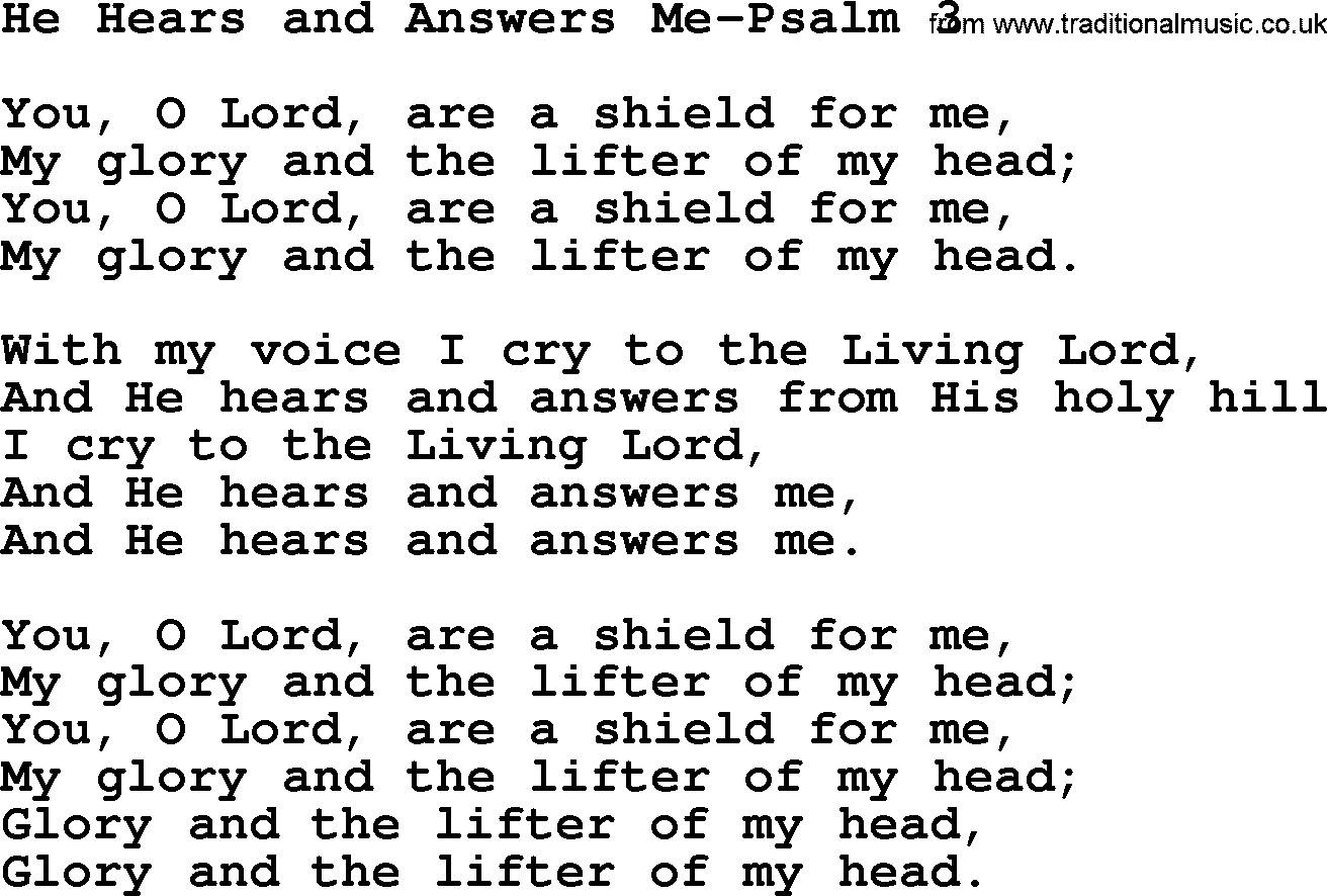 Hymns from the Psalms, Hymn: He Hears And Answers Me-Psalm 3, lyrics with PDF