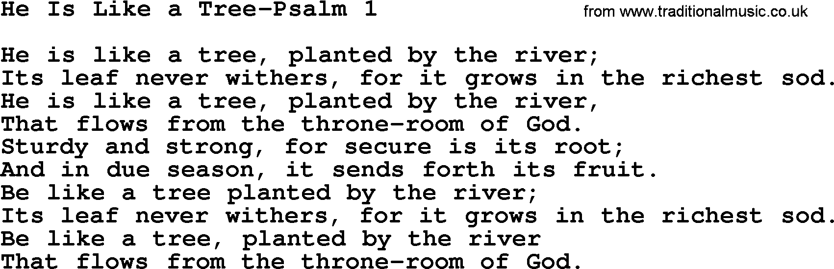 Hymns from the Psalms, Hymn: He Is Like A Tree-Psalm 1, lyrics with PDF