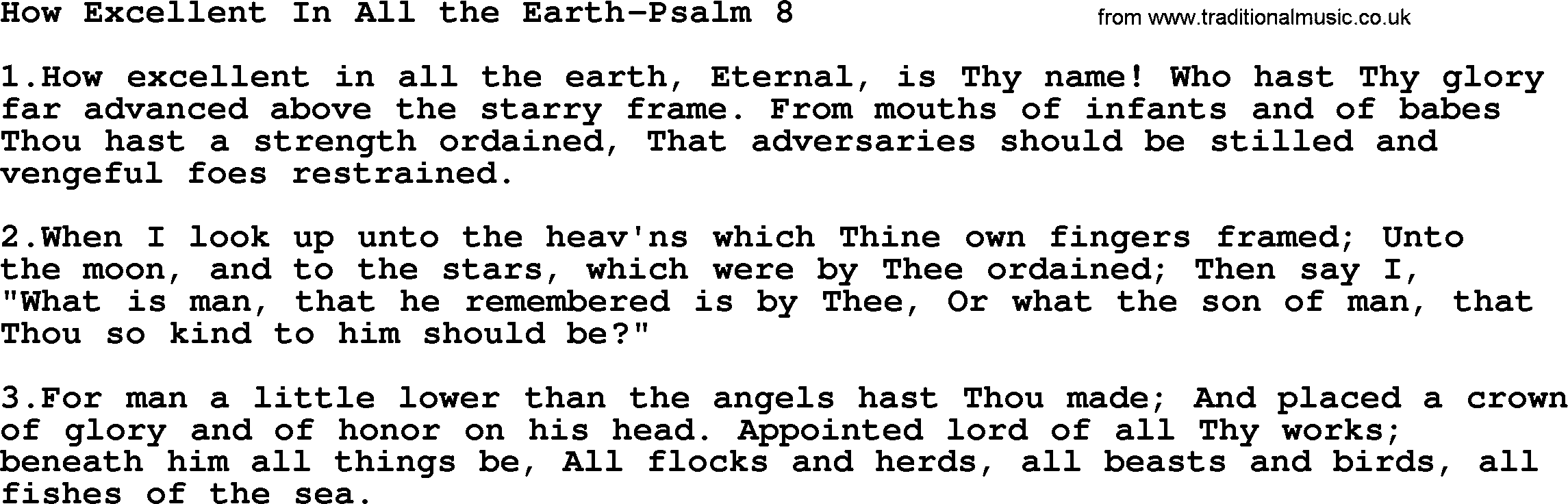 Hymns from the Psalms, Hymn: How Excellent In All The Earth-Psalm 8, lyrics with PDF