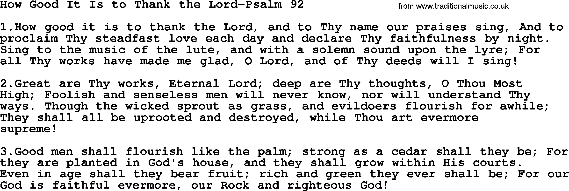 Hymns from the Psalms, Hymn: How Good It Is To Thank The Lord-Psalm 92, lyrics with PDF
