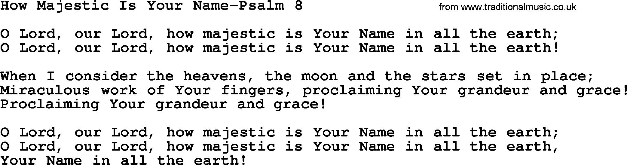 Hymns from the Psalms, Hymn: How Majestic Is Your Name-Psalm 8, lyrics with PDF