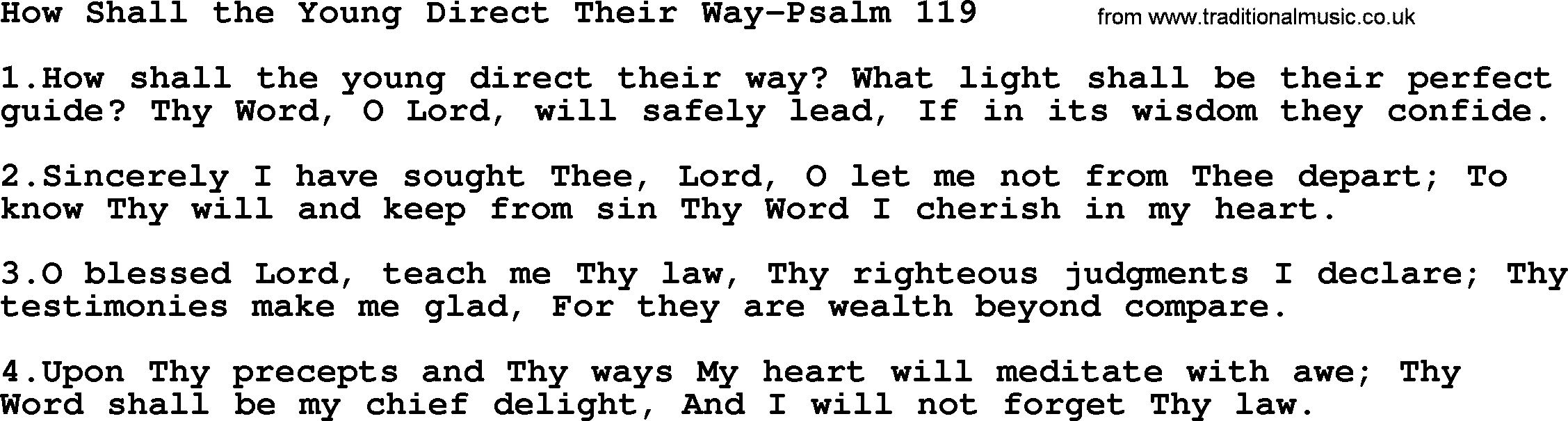 Hymns from the Psalms, Hymn: How Shall The Young Direct Their Way-Psalm 119, lyrics with PDF