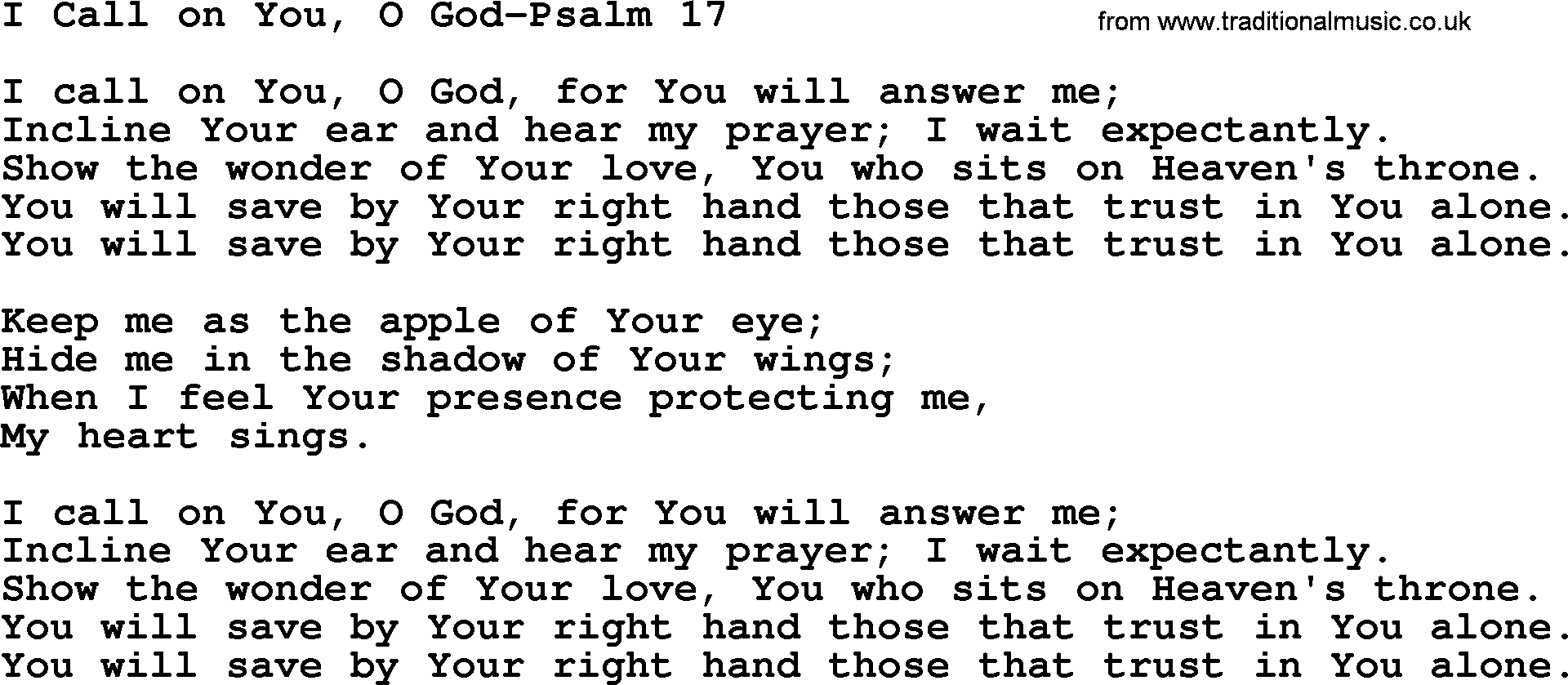 Hymns from the Psalms, Hymn: I Call On You, O God-Psalm 17, lyrics with PDF