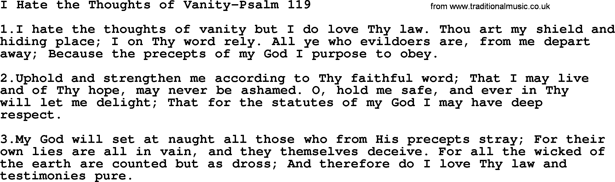 Hymns from the Psalms, Hymn: I Hate The Thoughts Of Vanity-Psalm 119, lyrics with PDF