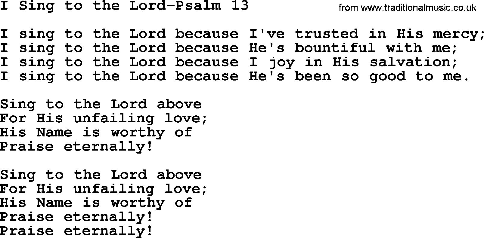 Hymns from the Psalms, Hymn: I Sing To The Lord-Psalm 13, lyrics with PDF