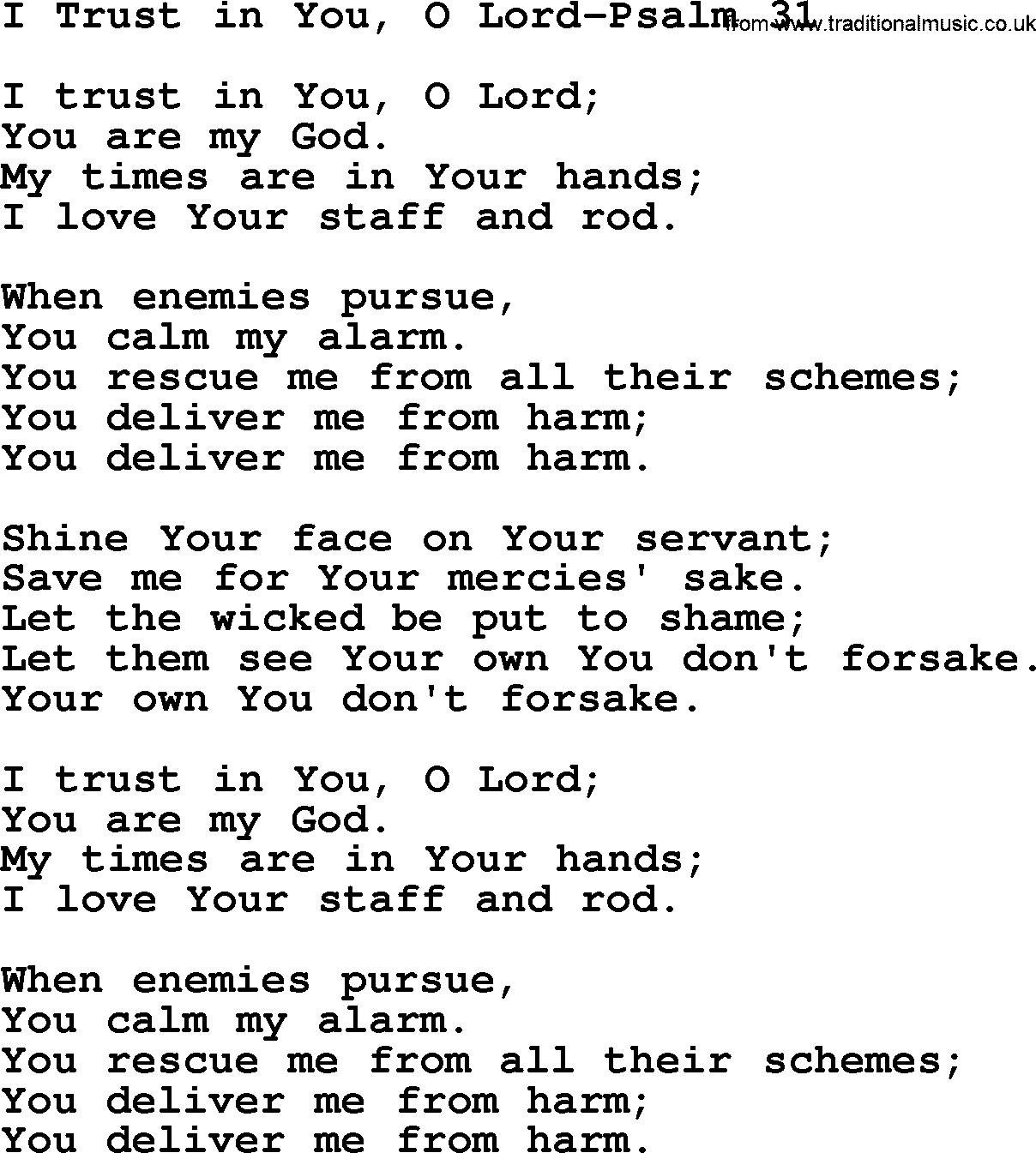 Hymns from the Psalms, Hymn: I Trust In You, O Lord-Psalm 31, lyrics with PDF
