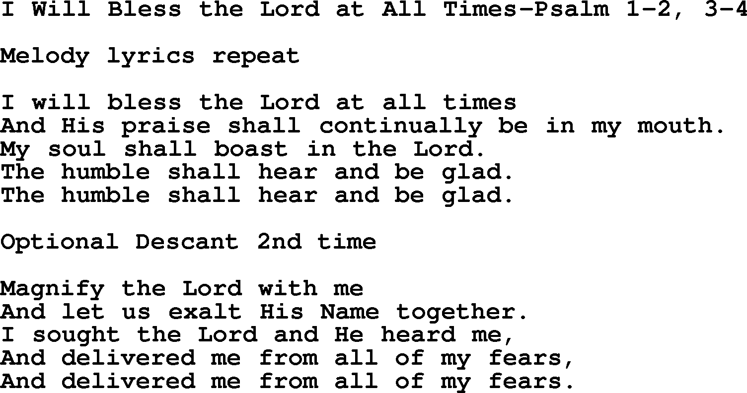 Hymns from the Psalms, Hymn: I Will Bless The Lord At All Times-Psalm 1-2, 3-4, lyrics with PDF