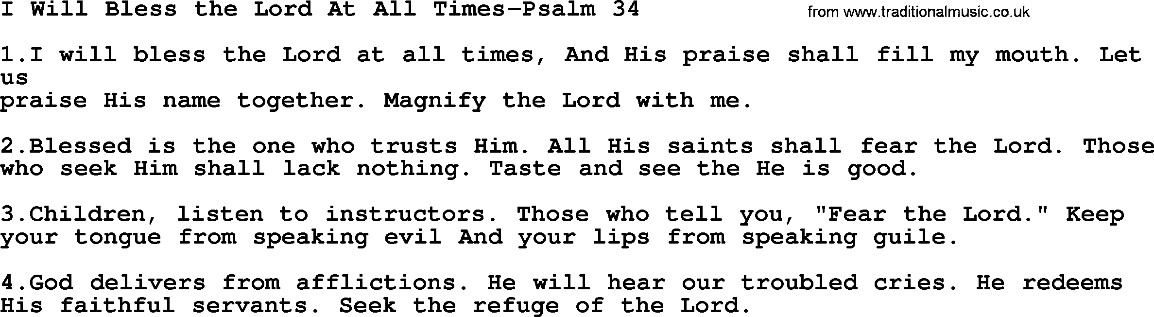 Hymns from the Psalms, Hymn: I Will Bless The Lord At All Times-Psalm 34, lyrics with PDF
