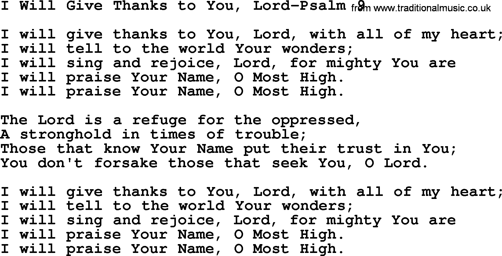 Hymns from the Psalms, Hymn: I Will Give Thanks To You, Lord-Psalm 9, lyrics with PDF