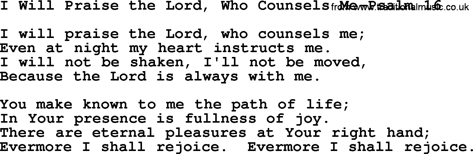 Hymns from the Psalms, Hymn: I Will Praise The Lord, Who Counsels Me-Psalm 16, lyrics with PDF