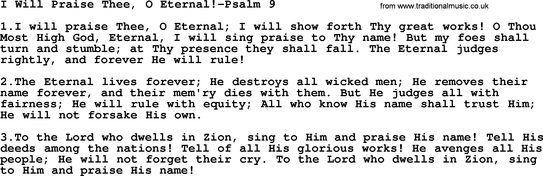 Hymns from the Psalms, Hymn: I Will Praise Thee, O Eternal!-Psalm 9, lyrics with PDF