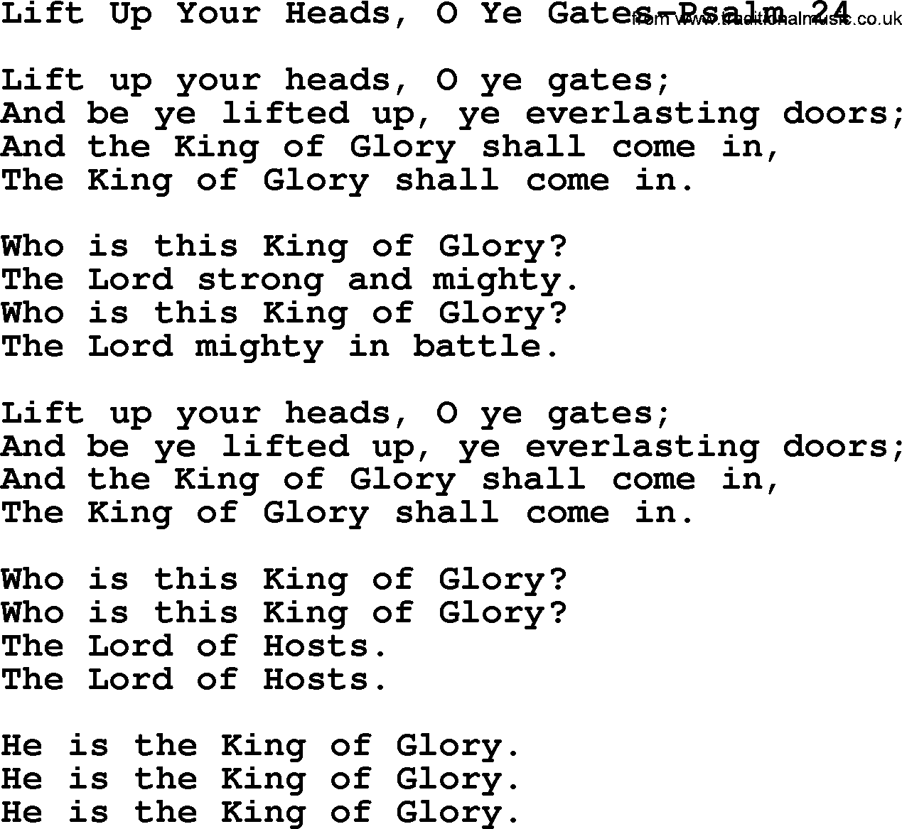 Hymns from the Psalms, Hymn: Lift Up Your Heads, O Ye Gates-Psalm 24, lyrics with PDF