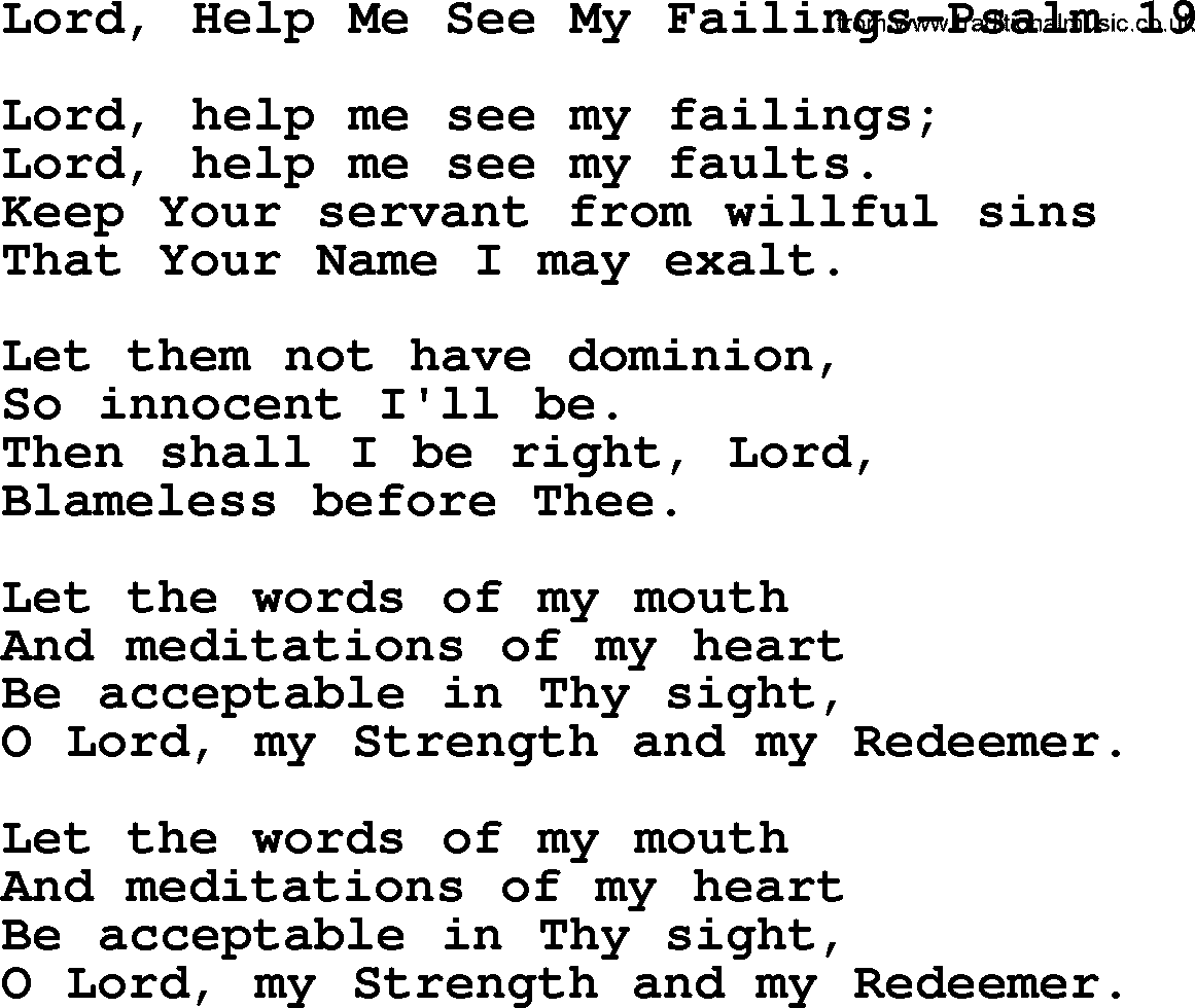 Hymns from the Psalms, Hymn: Lord, Help Me See My Failings-Psalm 19, lyrics with PDF