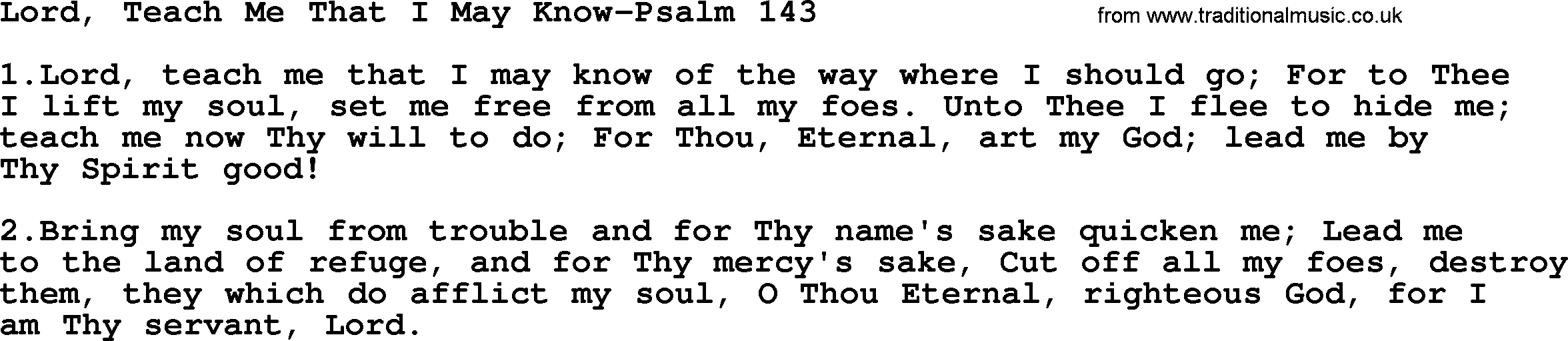 Hymns from the Psalms, Hymn: Lord, Teach Me That I May Know-Psalm 143, lyrics with PDF