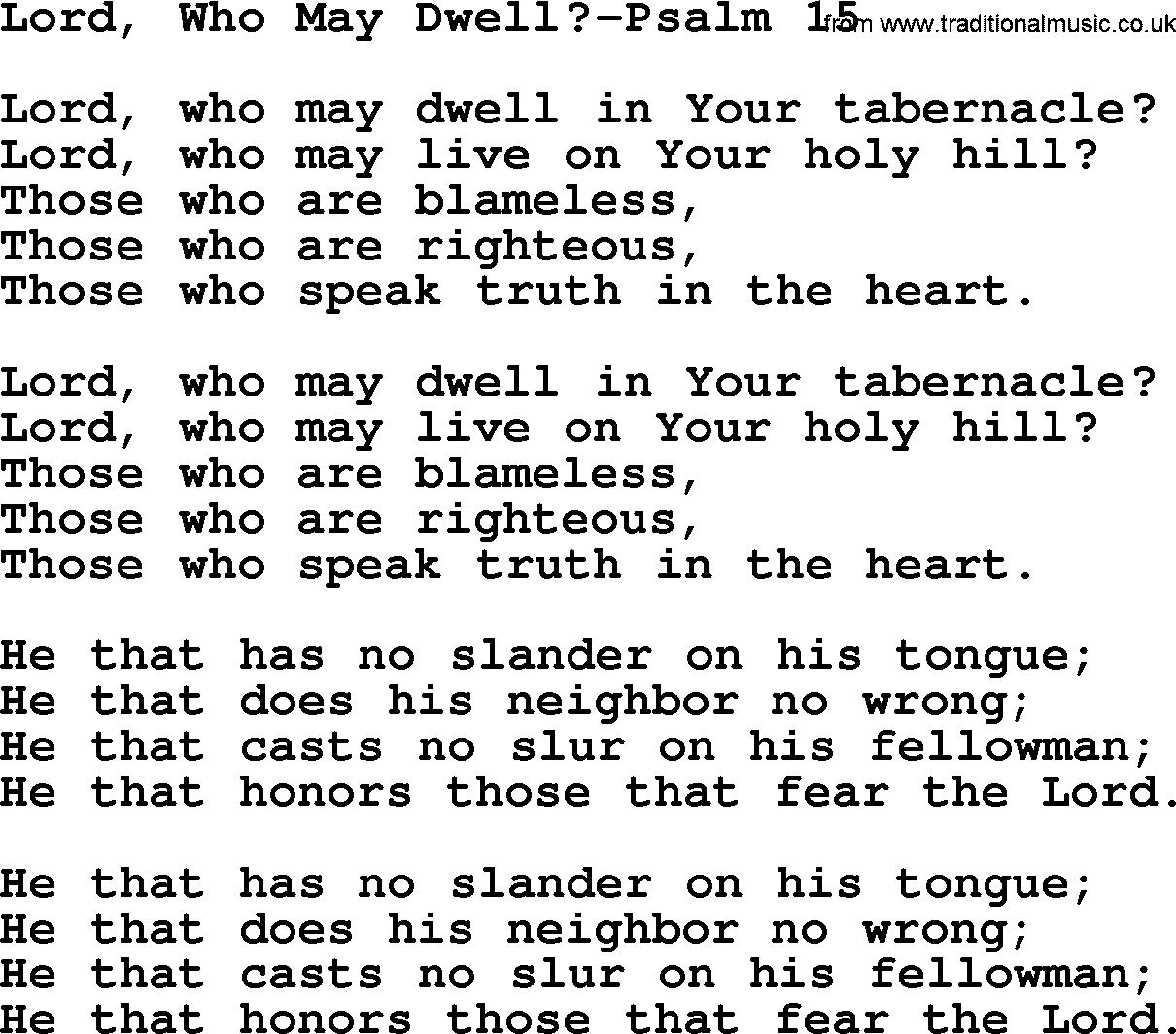 Hymns from the Psalms, Hymn: Lord, Who May Dwell_-Psalm 15, lyrics with PDF