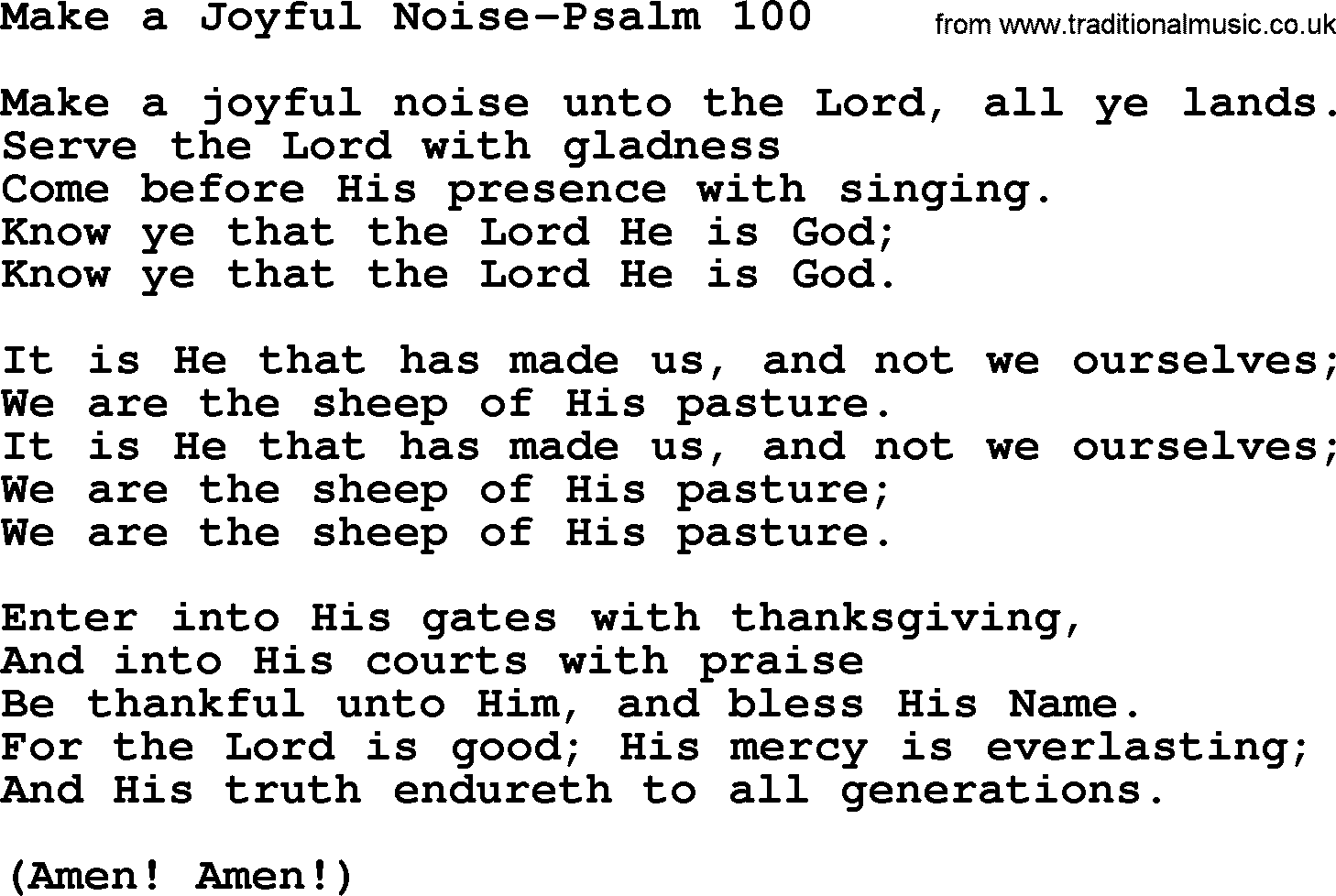Hymns from the Psalms, Hymn: Make A Joyful Noise-Psalm 100, lyrics with PDF