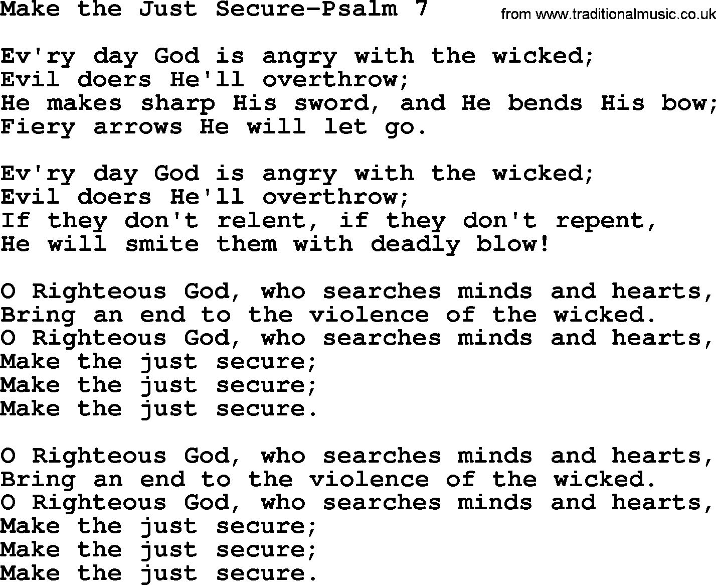 Hymns from the Psalms, Hymn: Make The Just Secure-Psalm 7, lyrics with PDF