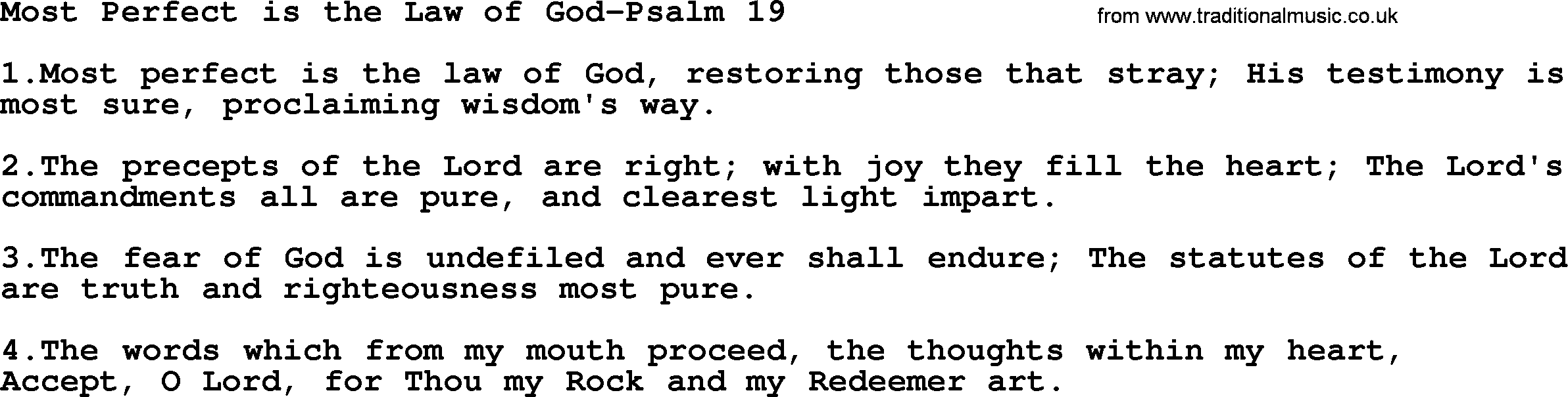 Hymns from the Psalms, Hymn: Most Perfect Is The Law Of God-Psalm 19, lyrics with PDF