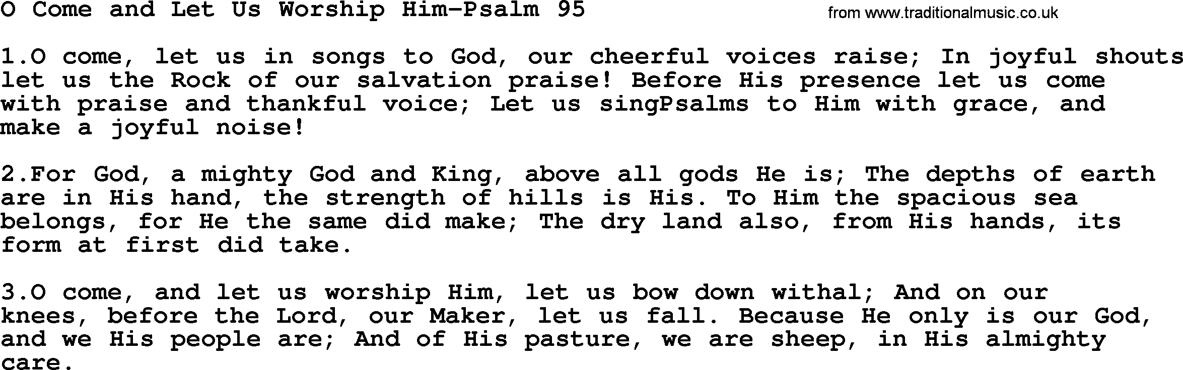 Hymns from the Psalms, Hymn: O Come And Let Us Worship Him-Psalm 95, lyrics with PDF