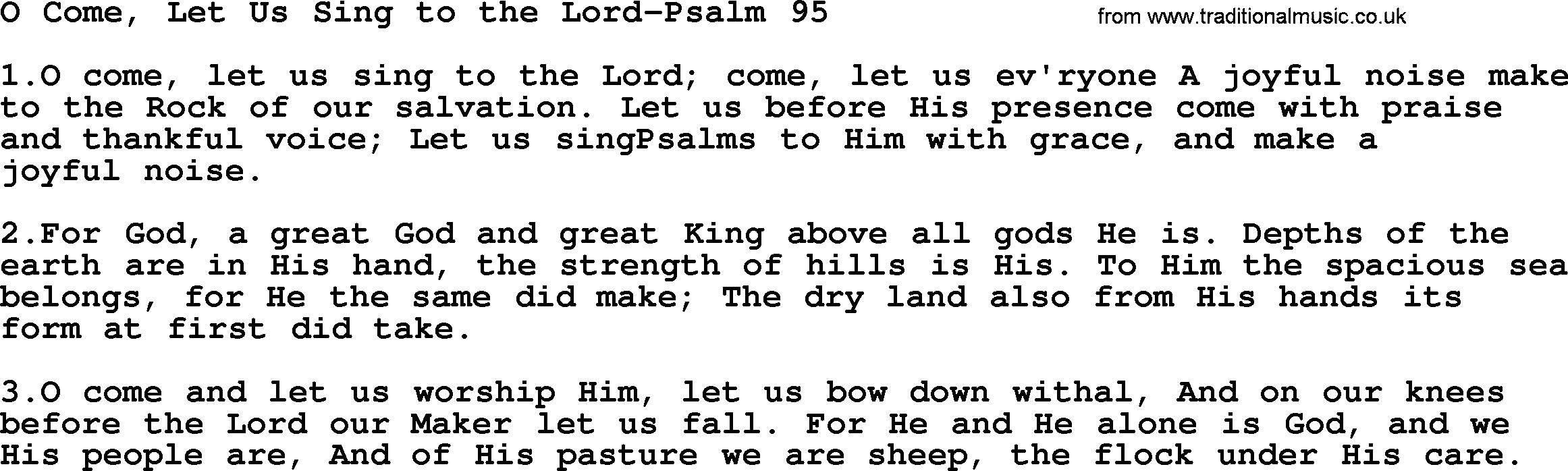 Hymns from the Psalms, Hymn: O Come, Let Us Sing To The Lord-Psalm 95, lyrics with PDF