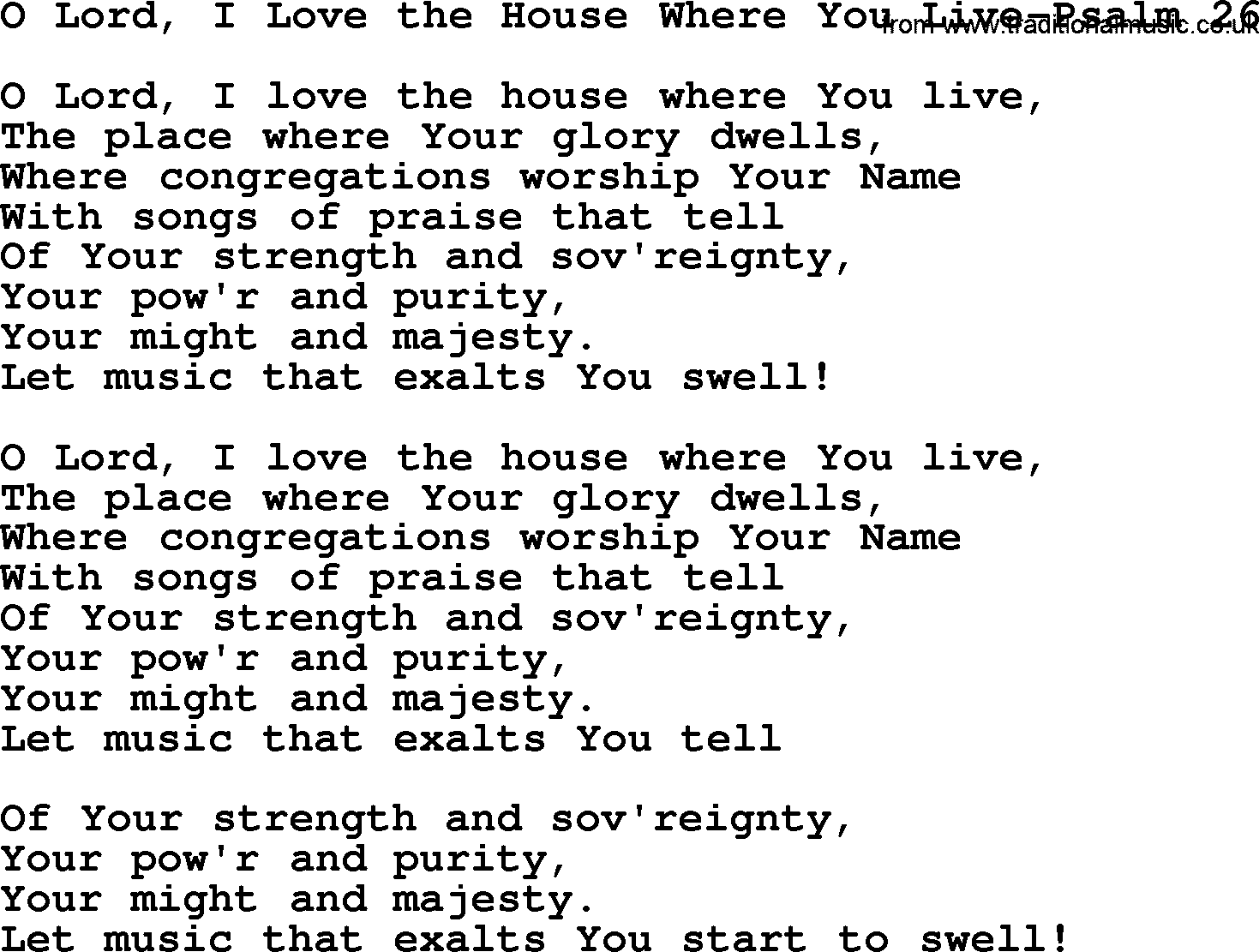 Hymns from the Psalms, Hymn: O Lord, I Love The House Where You Live-Psalm 26, lyrics with PDF