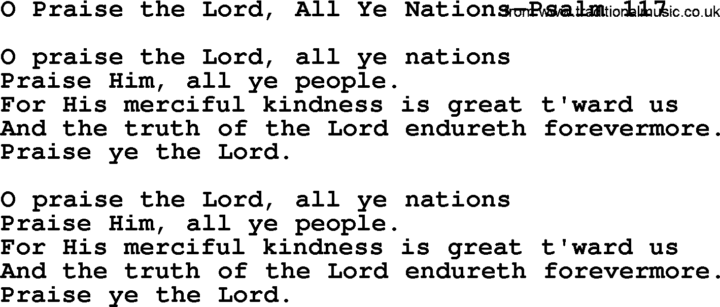 Hymns from the Psalms, Hymn: O Praise The Lord, All Ye Nations-Psalm 117, lyrics with PDF