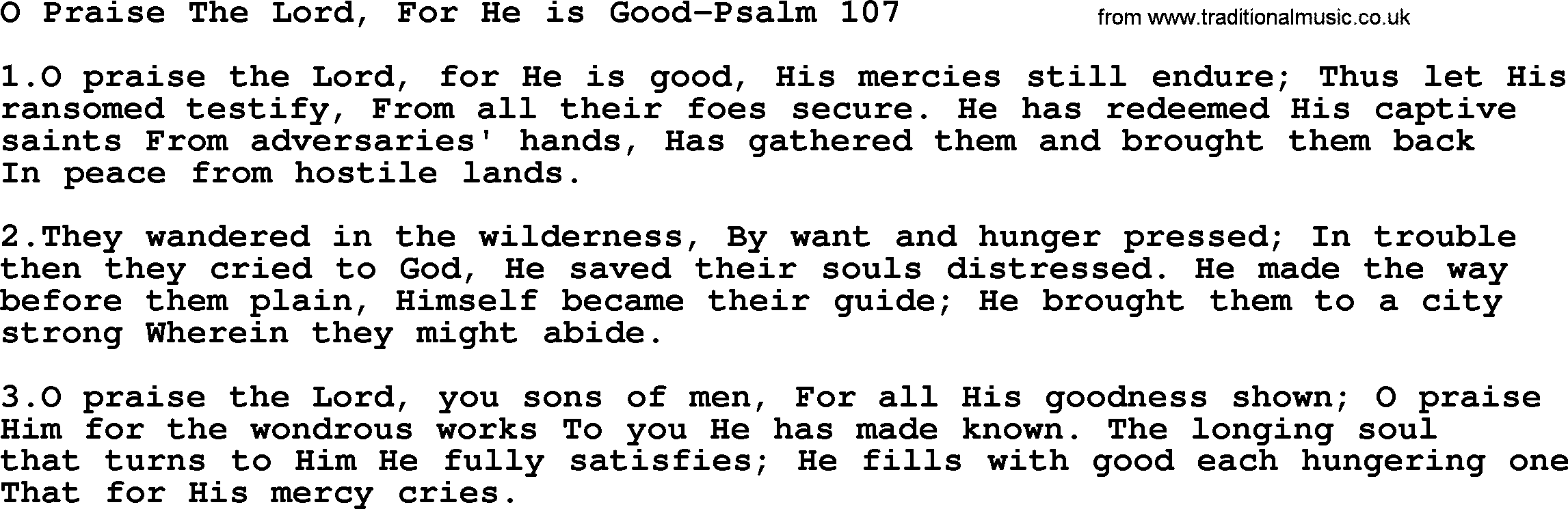 Hymns from the Psalms, Hymn: O Praise The Lord, For He Is Good-Psalm 107, lyrics with PDF