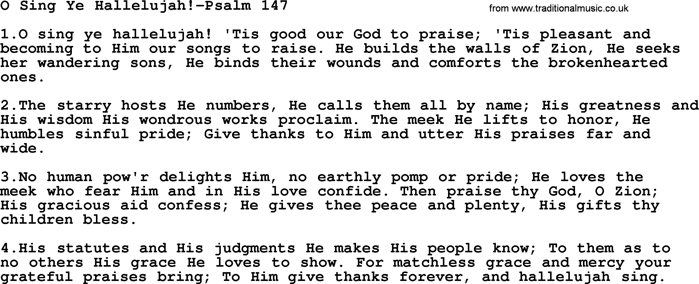 Hymns from the Psalms, Hymn: O Sing Ye Hallelujah!-Psalm 147, lyrics with PDF