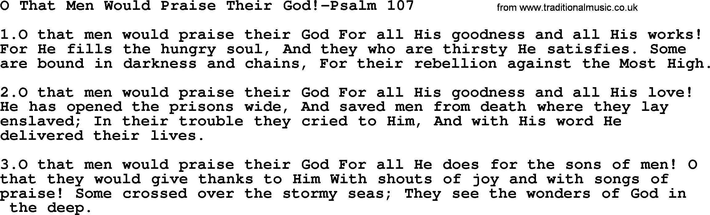 Hymns from the Psalms, Hymn: O That Men Would Praise Their God!-Psalm 107, lyrics with PDF