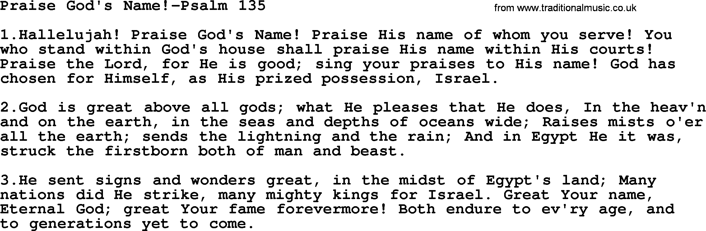 Hymns from the Psalms, Hymn: Praise God's Name!-Psalm 135, lyrics with PDF
