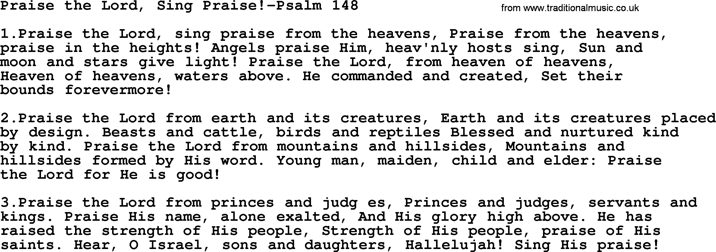 Hymns from the Psalms, Hymn: Praise The Lord, Sing Praise!-Psalm 148, lyrics with PDF