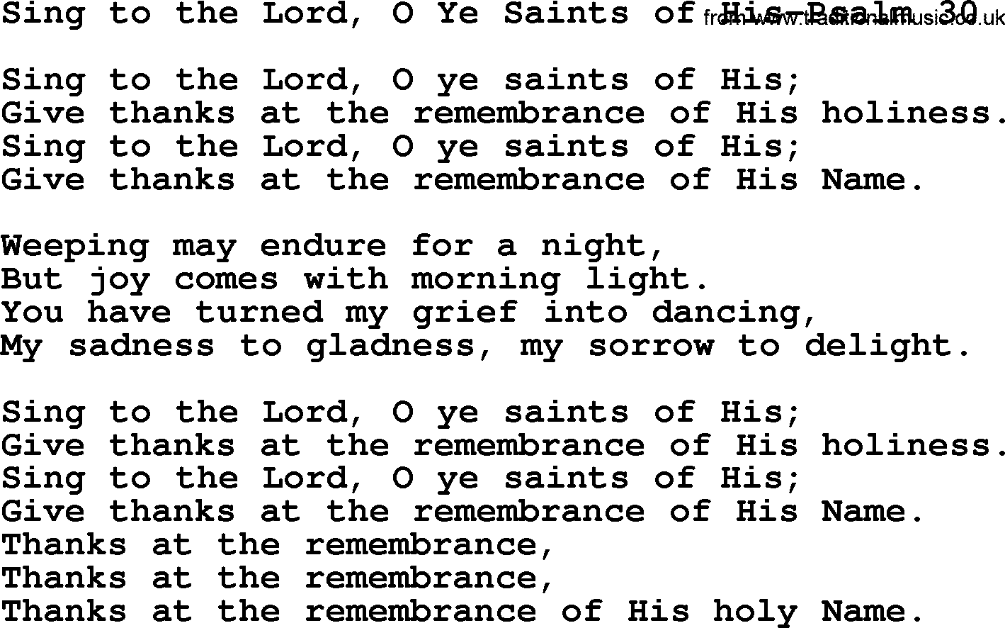 Hymns from the Psalms, Hymn: Sing To The Lord, O Ye Saints Of His-Psalm 30, lyrics with PDF
