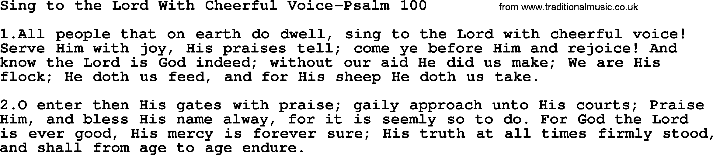 Hymns from the Psalms, Hymn: Sing To The Lord With Cheerful Voice-Psalm 100, lyrics with PDF