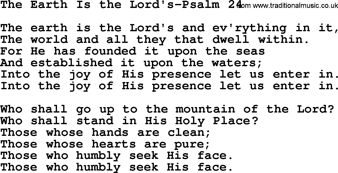 Hymns from the Psalms, Hymn: The Earth Is The Lord's-Psalm 24, lyrics with PDF