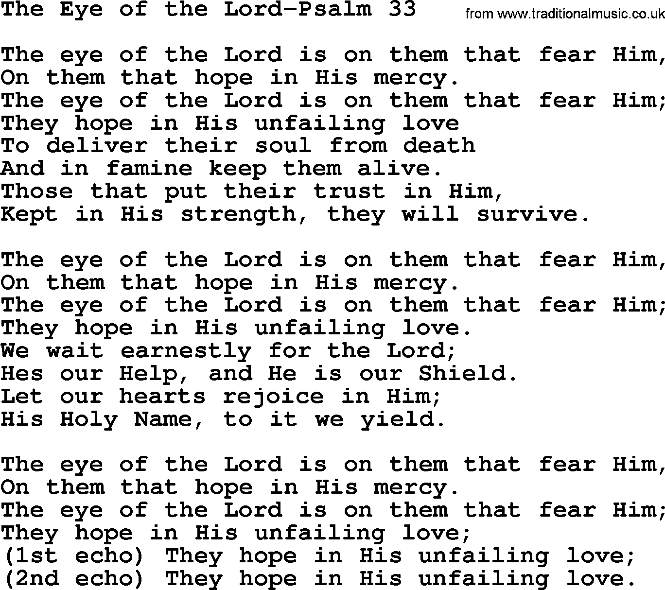 Hymns from the Psalms, Hymn: The Eye Of The Lord-Psalm 33, lyrics with PDF