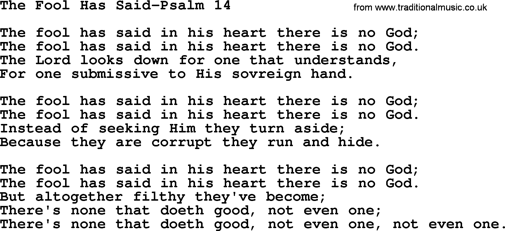 Hymns from the Psalms, Hymn: The Fool Has Said-Psalm 14, lyrics with PDF