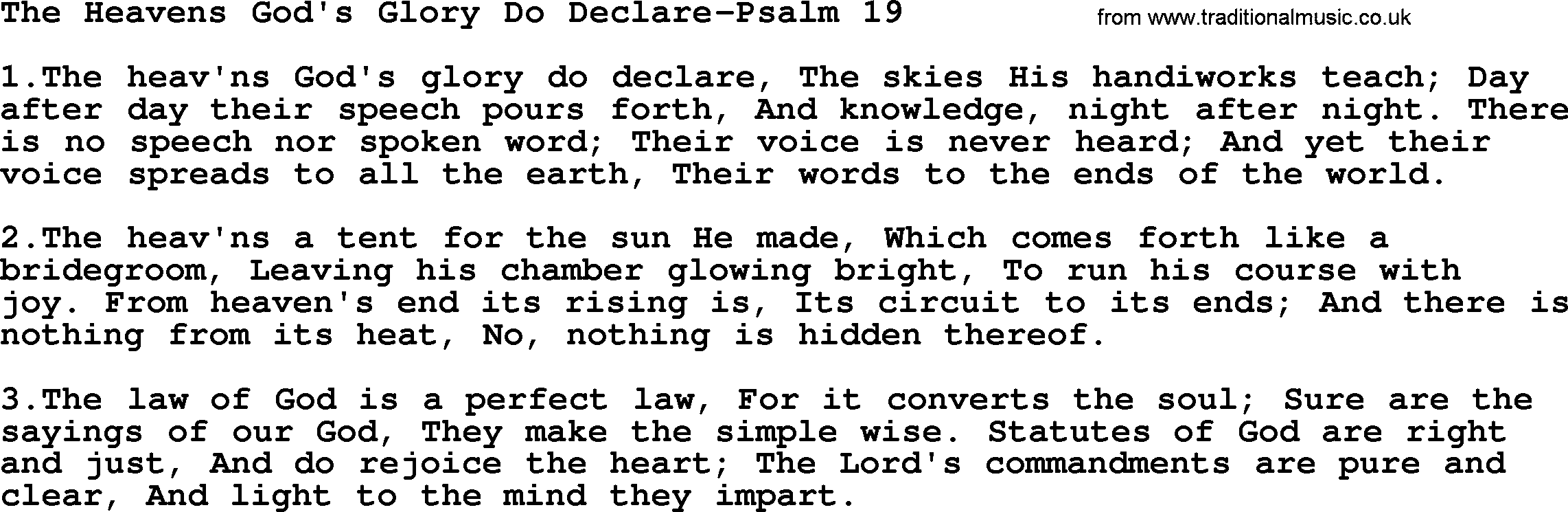 Hymns from the Psalms, Hymn: The Heavens God's Glory Do Declare-Psalm 19, lyrics with PDF