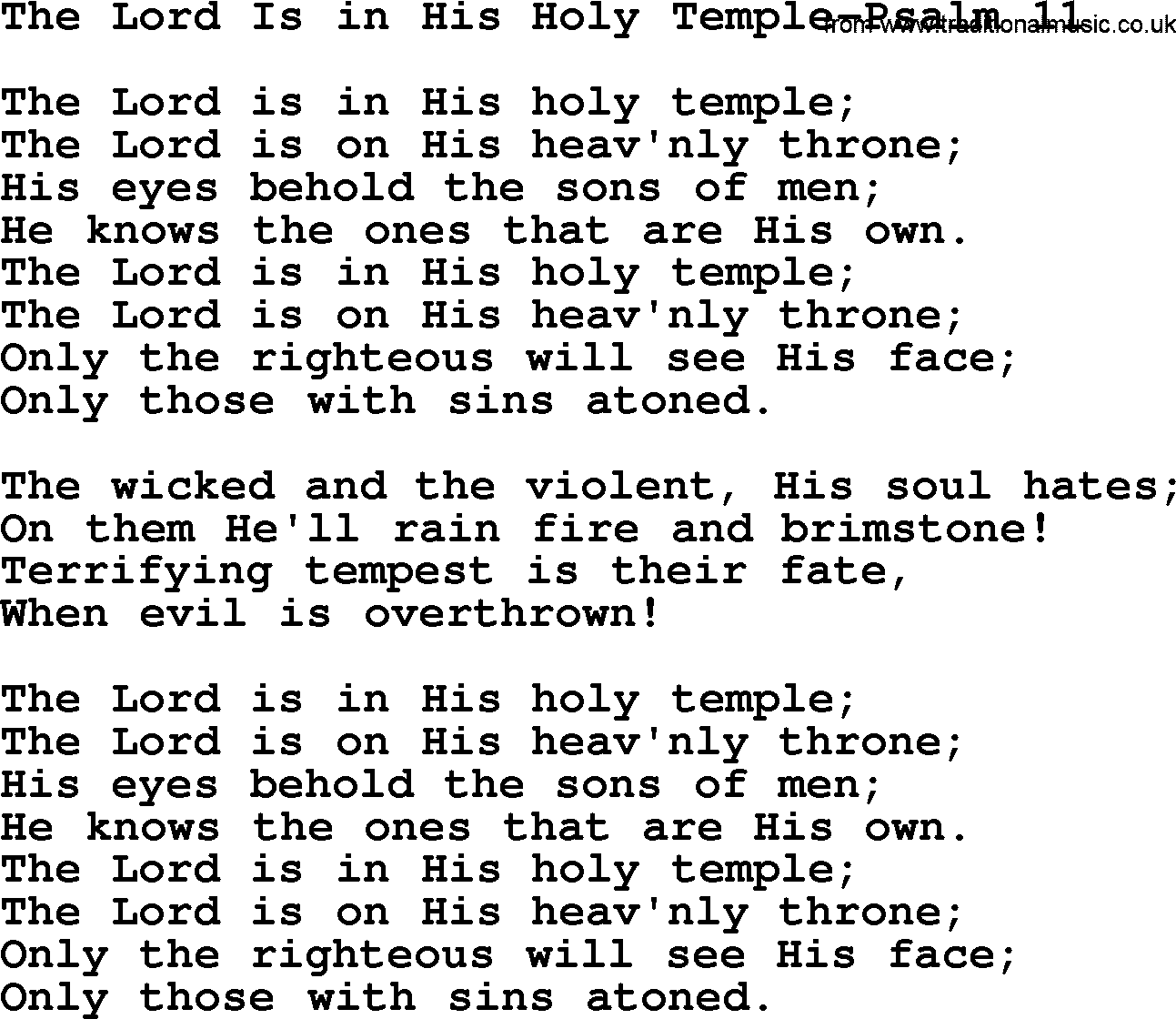 Hymns from the Psalms, Hymn: The Lord Is In His Holy Temple-Psalm 11, lyrics with PDF
