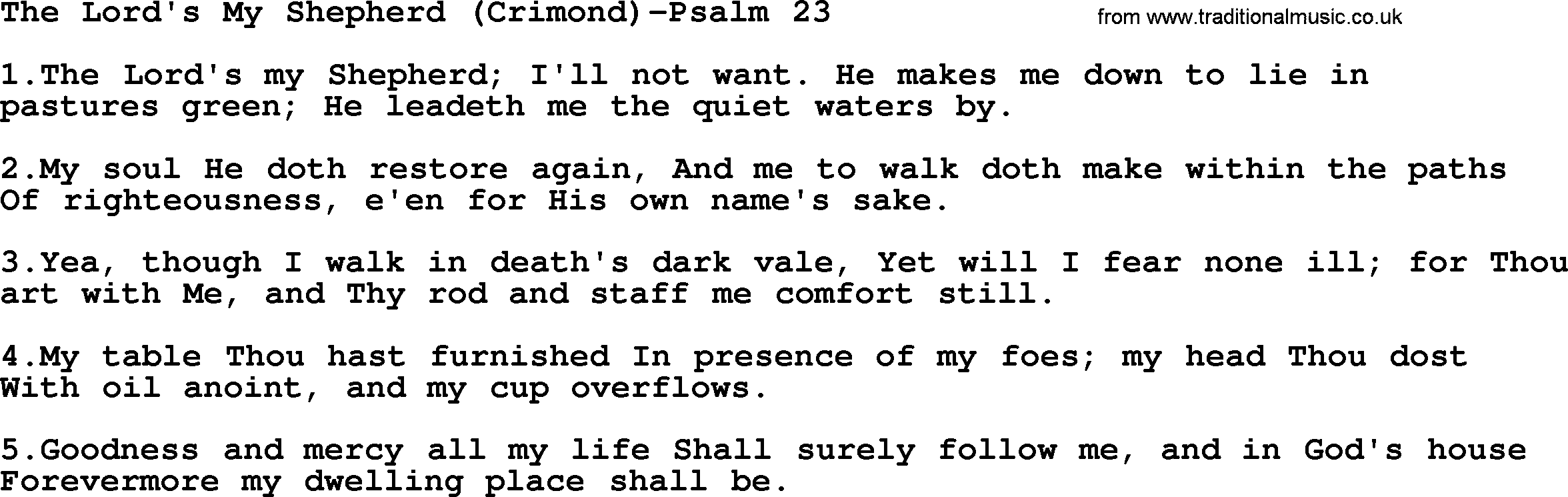 Hymns from the Psalms, Hymn: The Lord's My Shepherd (Crimond)-Psalm 23, lyrics with PDF