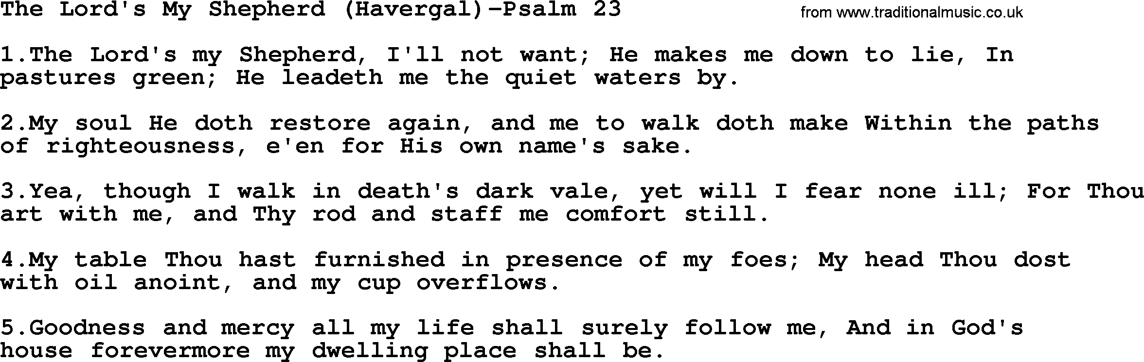 Hymns from the Psalms, Hymn: The Lord's My Shepherd (Havergal)-Psalm 23, lyrics with PDF