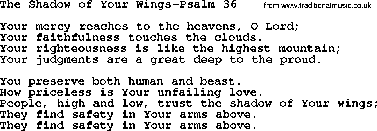 Hymns from the Psalms, Hymn: The Shadow Of Your Wings-Psalm 36, lyrics with PDF