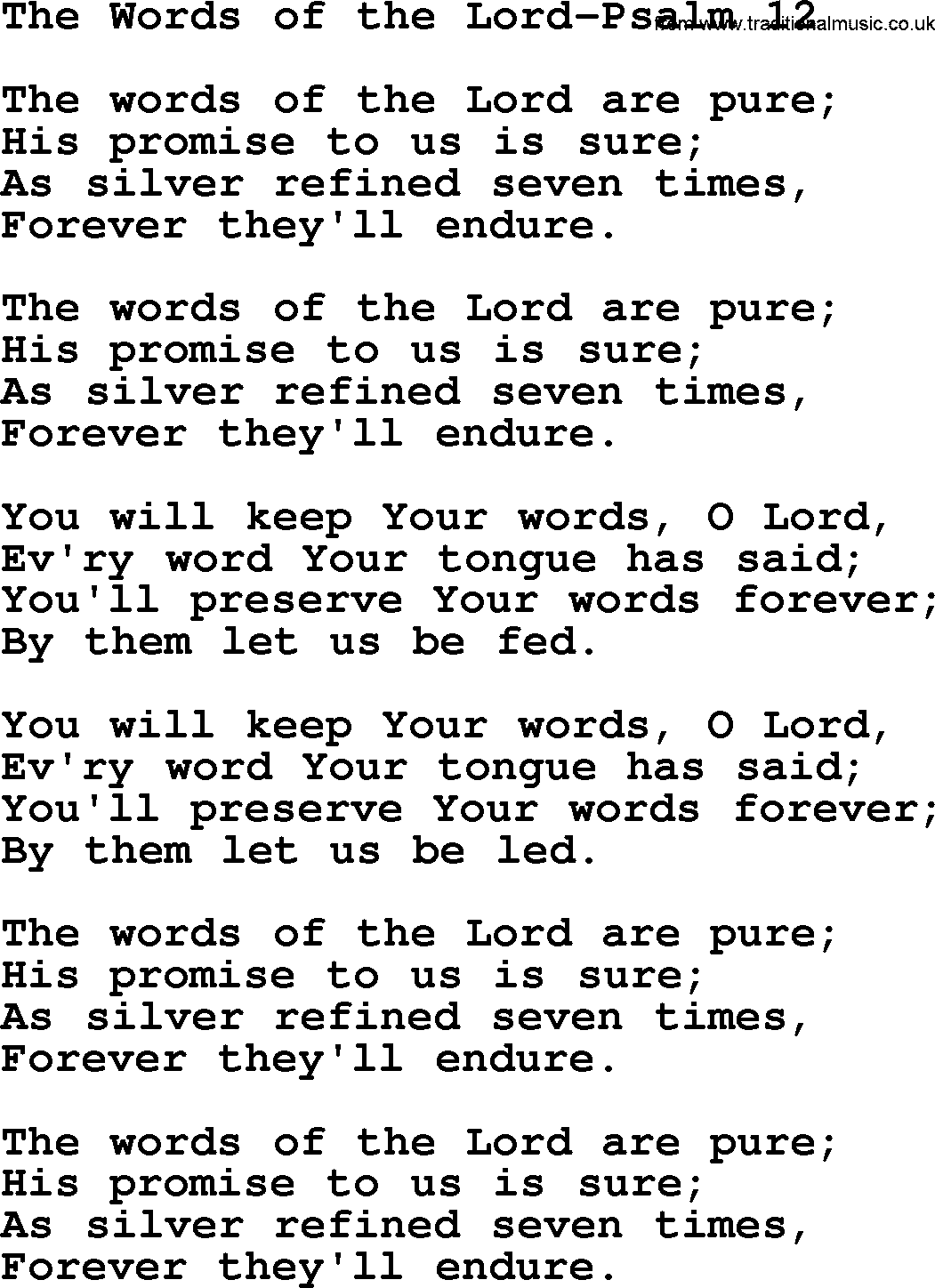 Hymns from the Psalms, Hymn: The Words Of The Lord-Psalm 12, lyrics with PDF