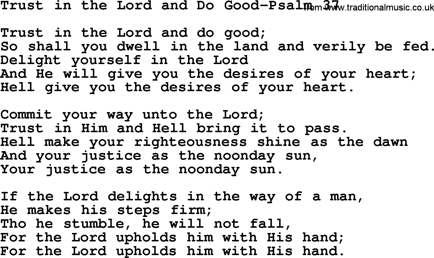 Hymns from the Psalms, Hymn: Trust In The Lord And Do Good-Psalm 37, lyrics with PDF