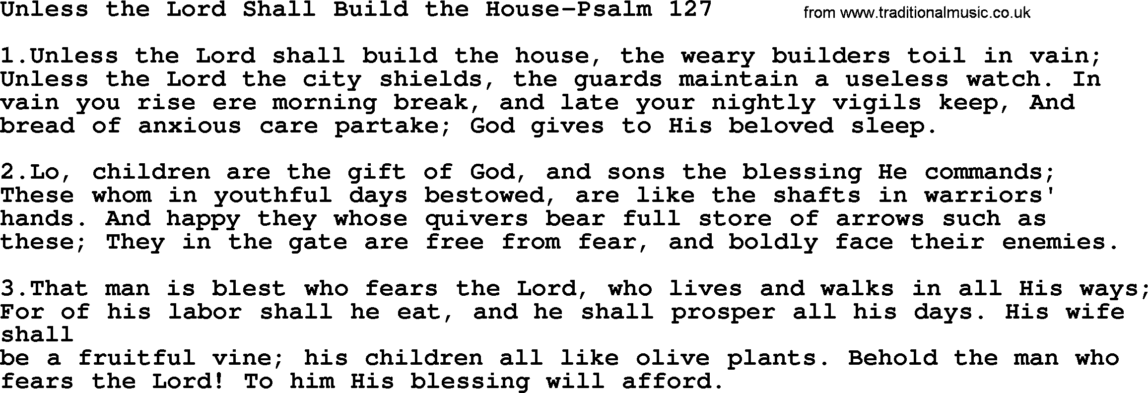 Hymns from the Psalms, Hymn: Unless The Lord Shall Build The House-Psalm 127, lyrics with PDF